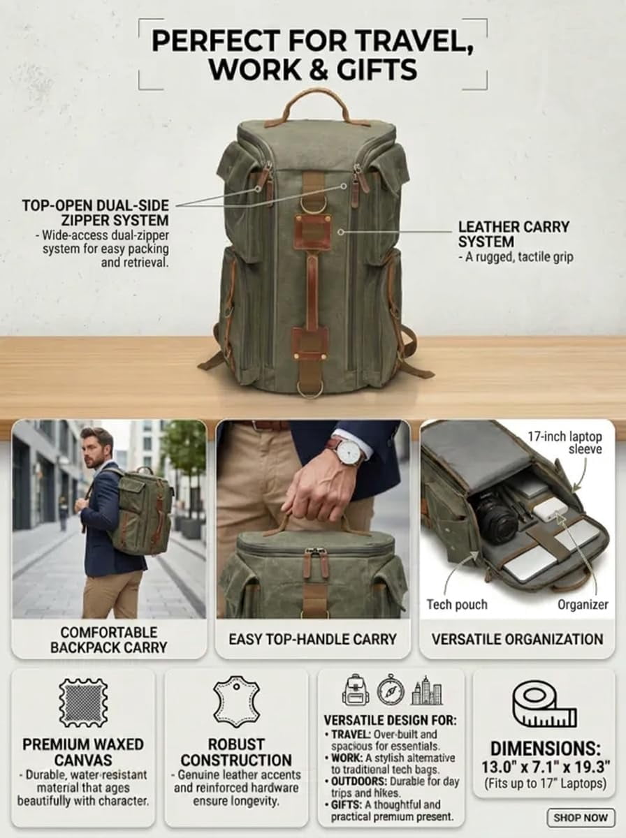 Vintage Canvas Travel Backpack, Casual Daypack for 17“ Laptop Tote S