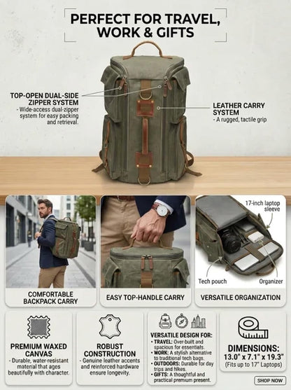 Vintage Canvas Travel Backpack, Casual Daypack for 17“ Laptop Tote S