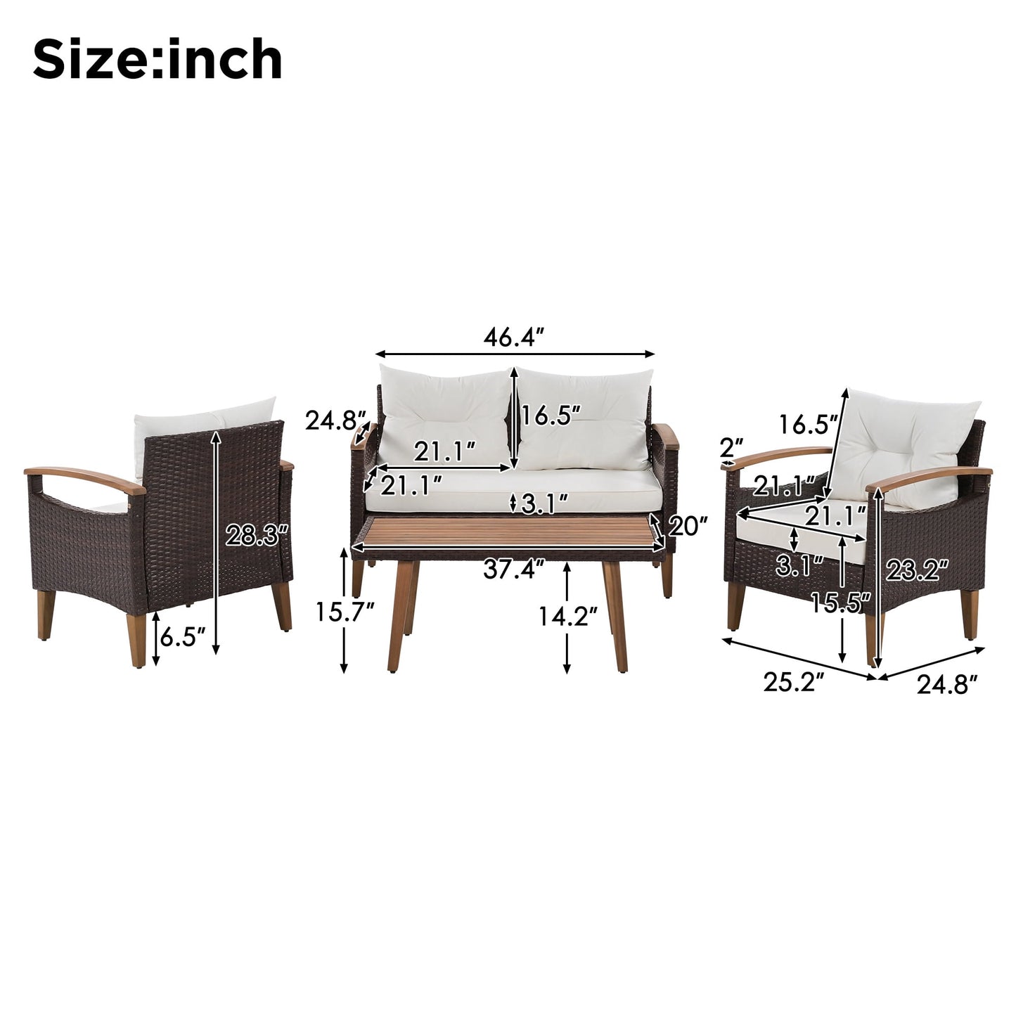 Patio Sofa Set, 4 Pieces Outdoor Sectional Furniture, All-Weather PE R