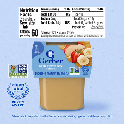 Gerber Stage 2 Baby Food, Apple Strawberry Banana Puree Tubs, Baby Pur