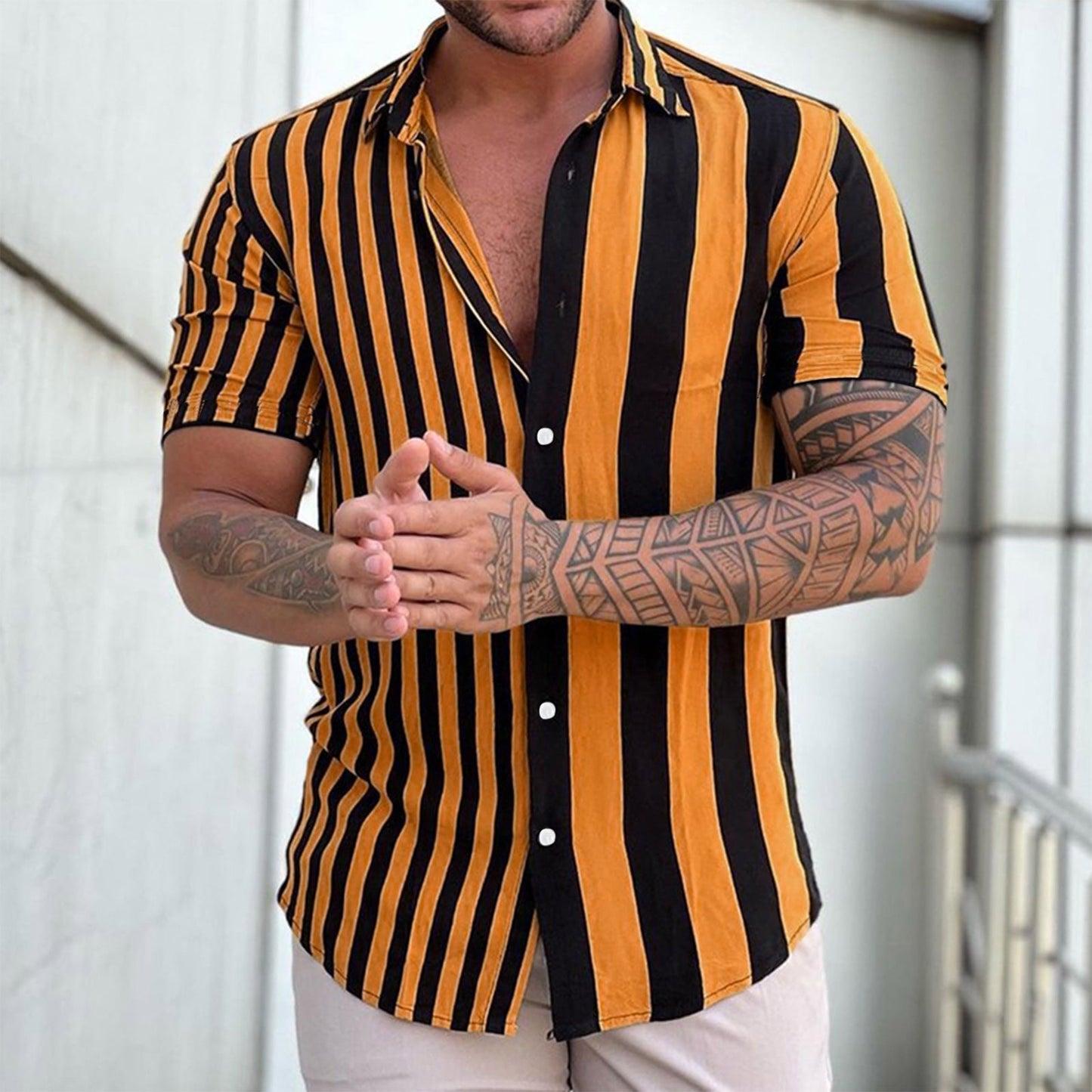 Mens Shirts Short Sleeve Printed Fashion Mens formal Shirts,Yellow,M