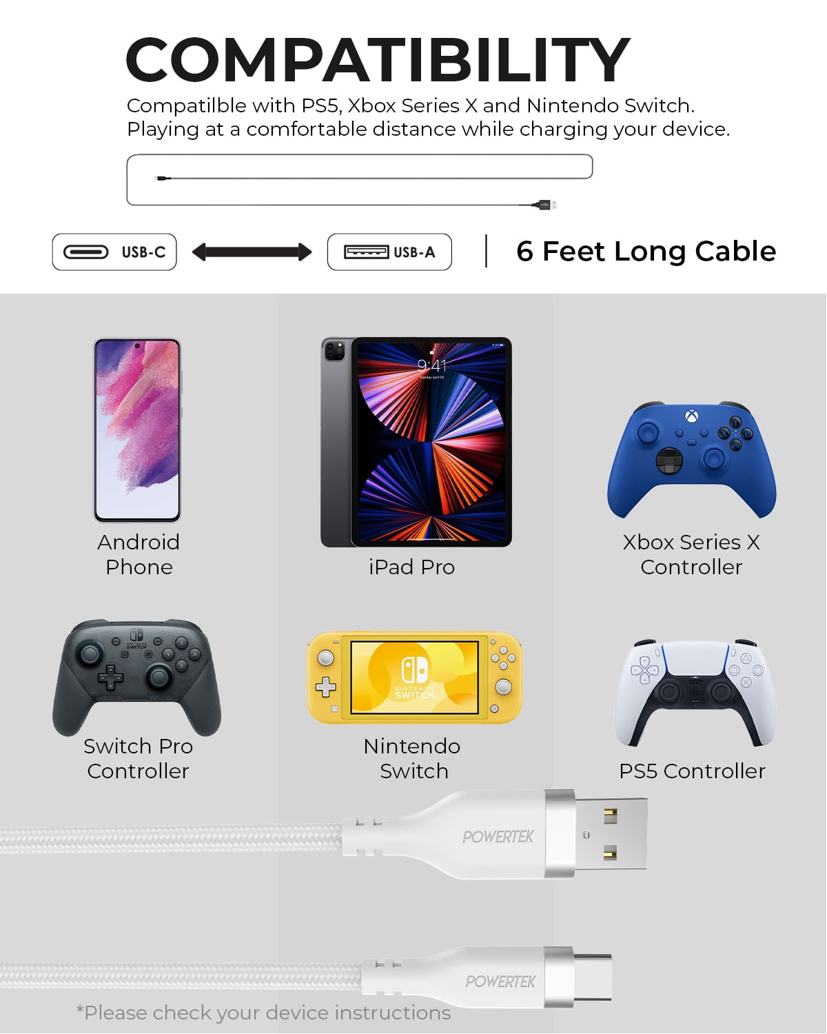 Liquipel Powertek Type-C Fast Charger Cable, 6ft USB-C for Galaxy, Not