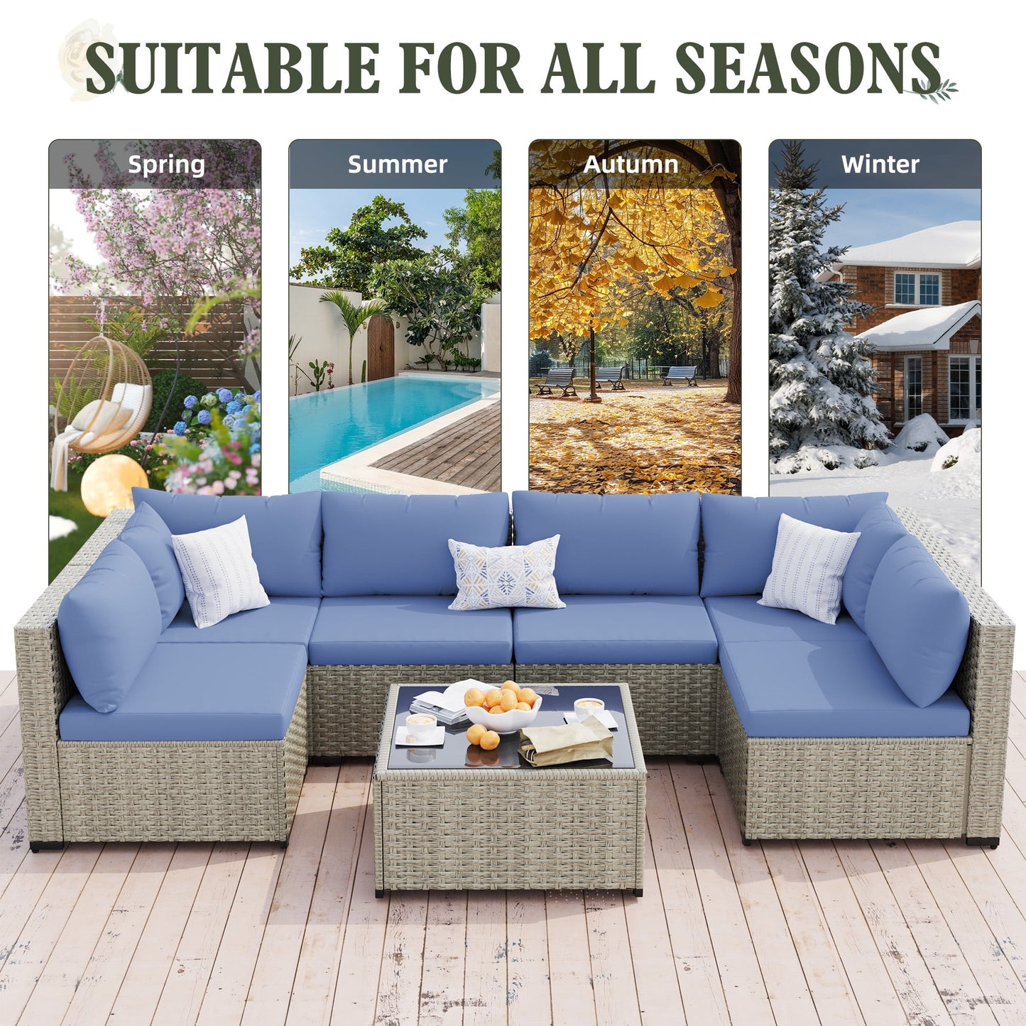MRUAKA Outdoor Patio Furniture Set, 7-Piece Modular Sectional Sofa Wit