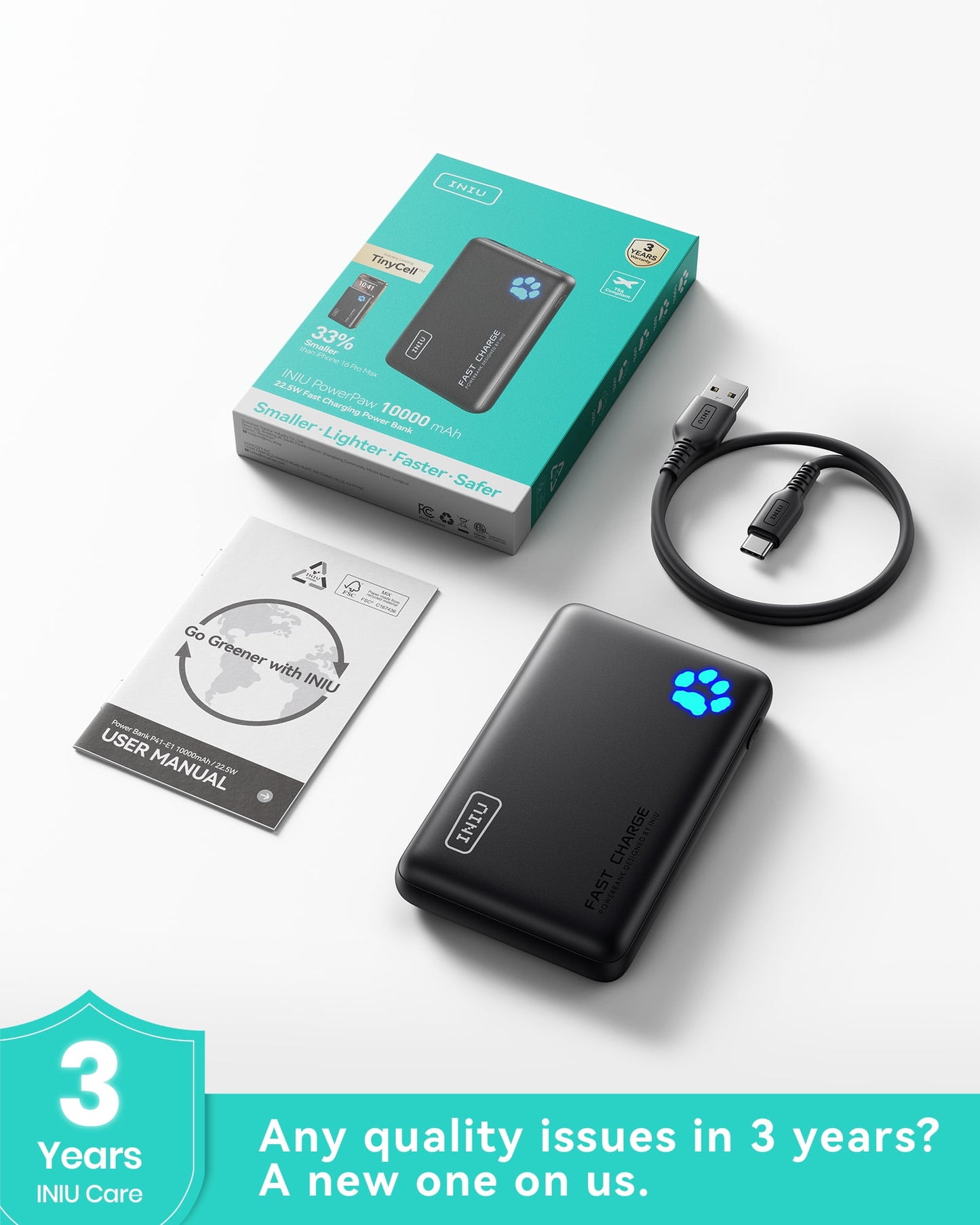 INIU PowerPaw 10K Power Bank, Slimmest 10,000mAh PD 22.5W Fast Chargin