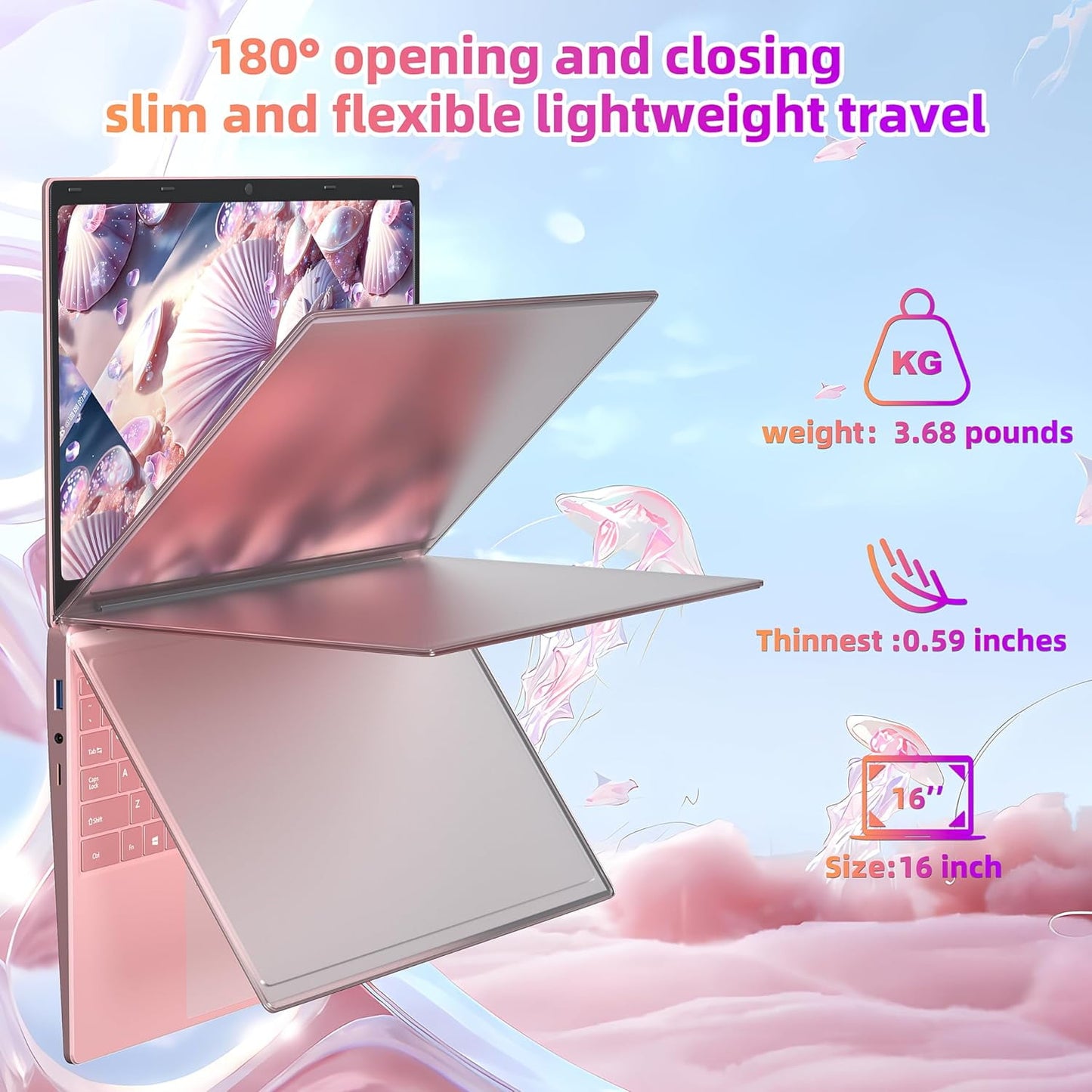 Rumtuk 16" Rose Gold Laptop, DDR4 16GB RAM, 1TB SSD, Win 11 Pro/Office