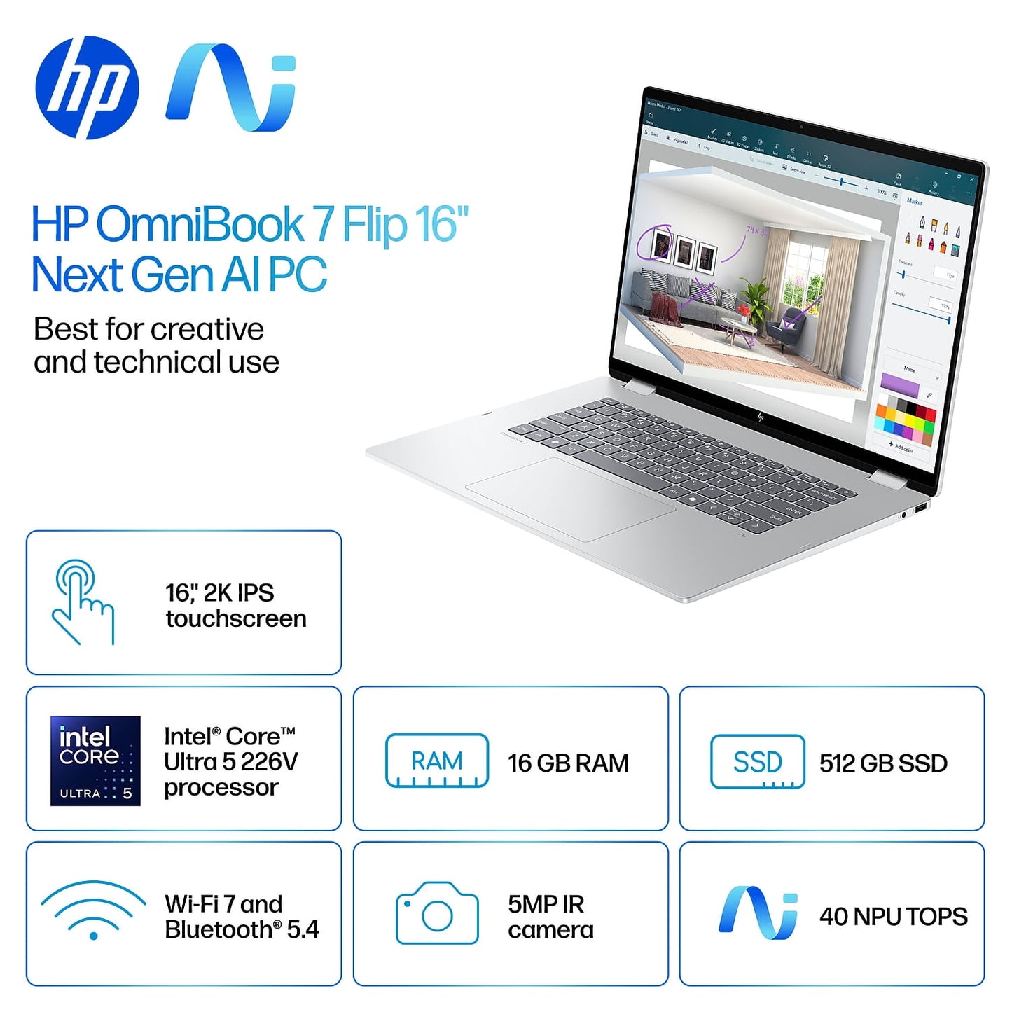 HP OmniBook 7 Flip 16" FHD 2-in-1 Copilot+ PC Intel Core Ultra 5 16GB