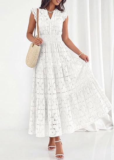PRETTYGARDEN Womens Boho Maxi Dresses Summer Floral Lace Eyelet V Neck