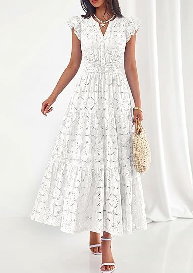 PRETTYGARDEN Womens Boho Maxi Dresses Summer Floral Lace Eyelet V Neck