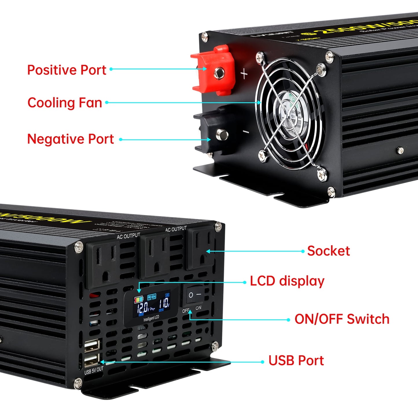 2500W 5000W Peak Modified Sine Wave Power Inverter 12V DC to 110V AC C