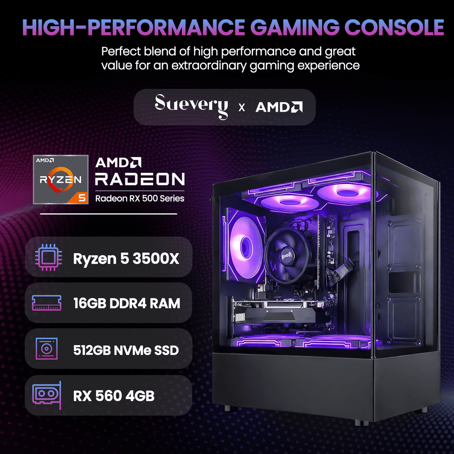 Suevery Gaming PC Desktop, AMD Ryzen 5 3500X, Radeon RX 560, 16GB DDR4