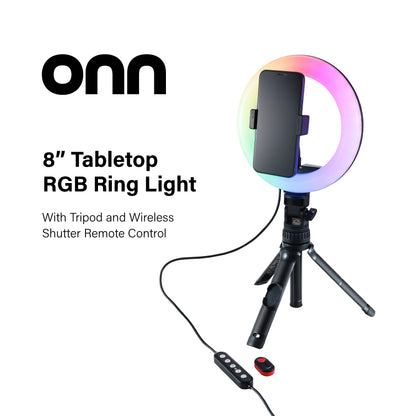 onn LED RGB Ring Light with Tripod Stand, Adjustable Height, Phone Hol