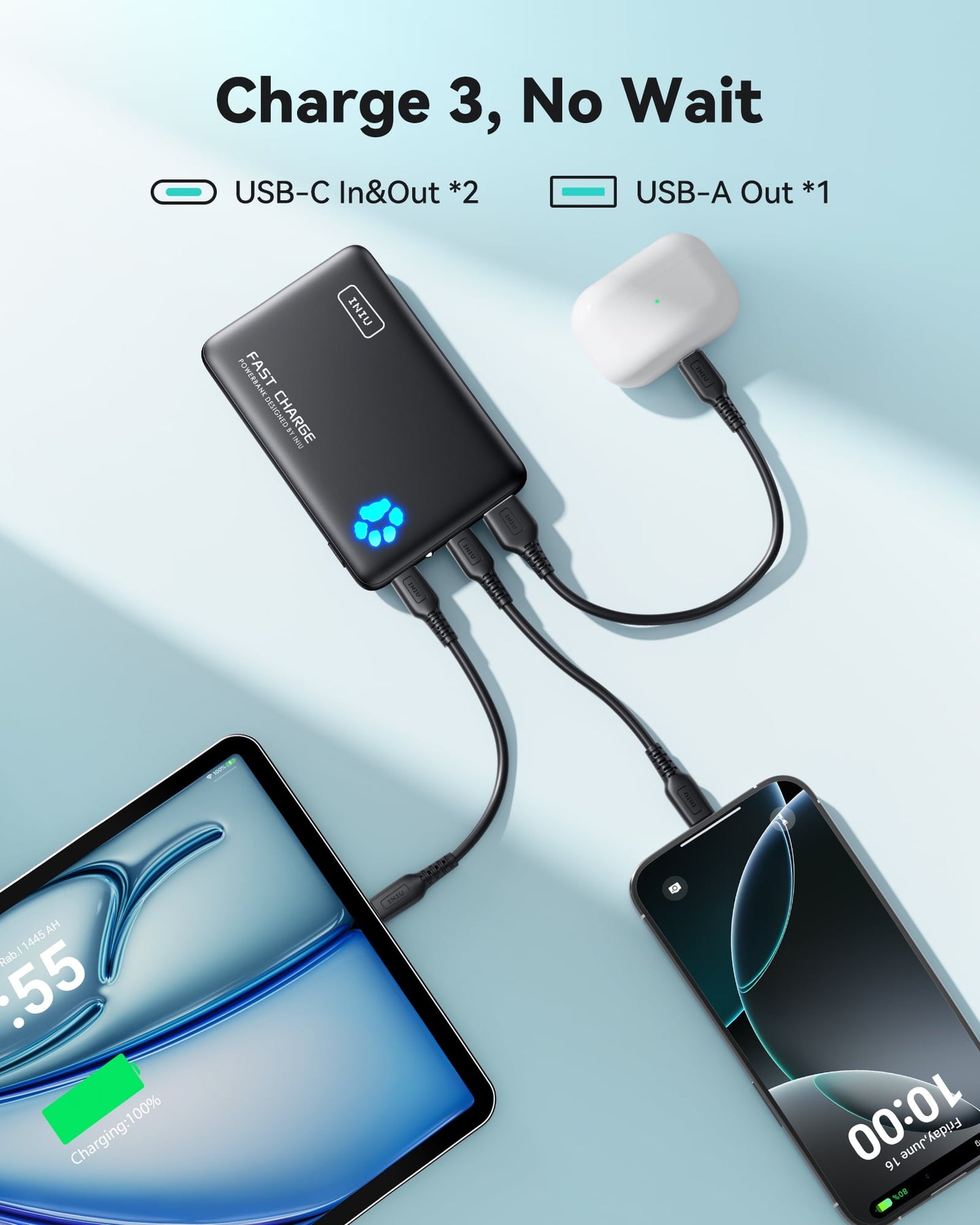 INIU PowerPaw 10K Power Bank, Slimmest 10,000mAh PD 22.5W Fast Chargin