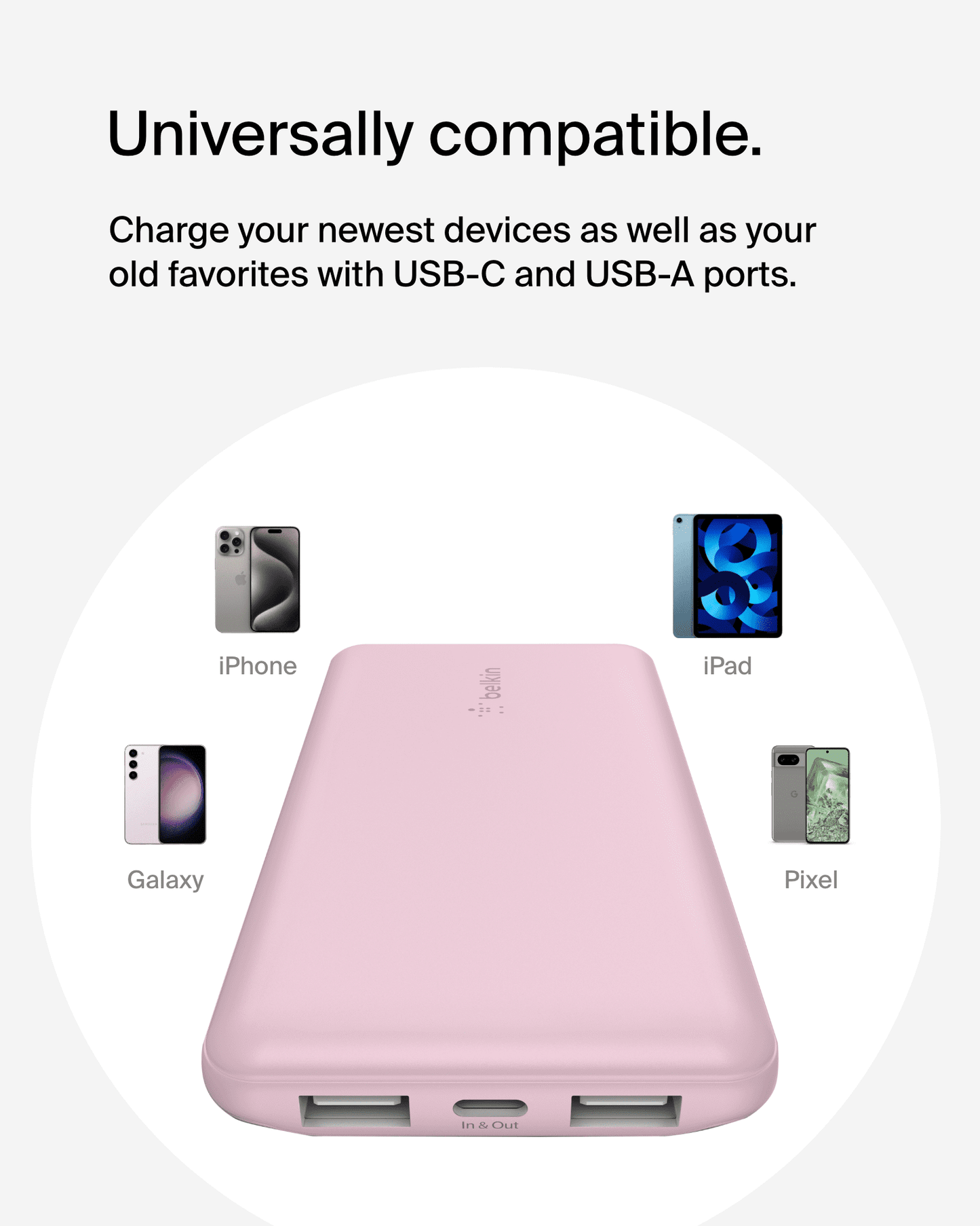 Belkin Portable Charger, USB-C Power Bank 10,000mAh w/ 1xUSB-C and 2xU
