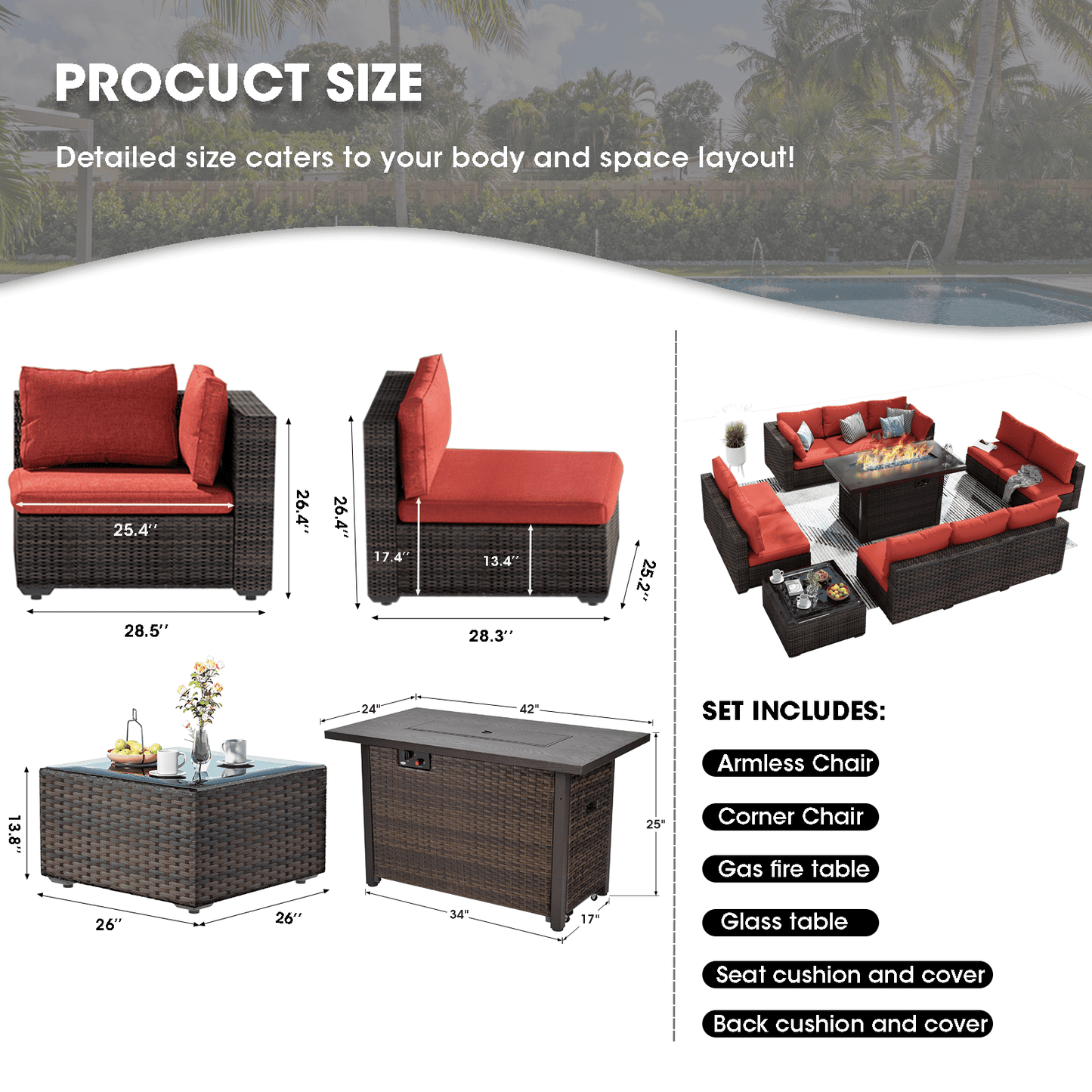 Grezone Outdoor Garden 12 Piece Patio Furniture with 43" 55000BTU Gas