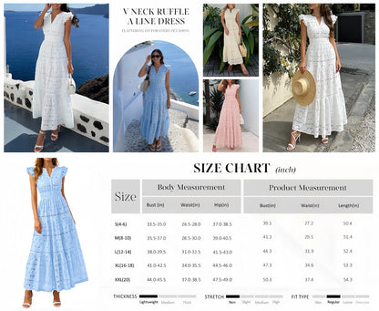 PRETTYGARDEN Womens Boho Maxi Dresses Summer Floral Lace Eyelet V Neck