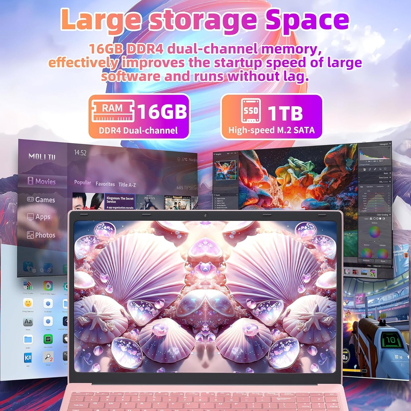 Rumtuk 16" Rose Gold Laptop, DDR4 16GB RAM, 1TB SSD, Win 11 Pro/Office