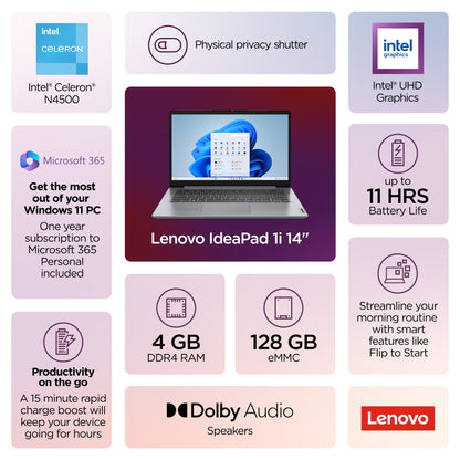 Lenovo IdeaPad 1 14" Laptop. Intel Celeron N4500, 4GB , 128 SSD 82LV00