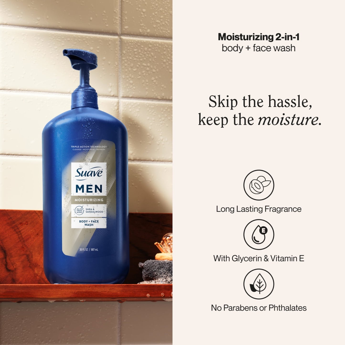Suave Men Moisturizing 2-in-1 Body & Face Wash with Glycerin & Vitamin