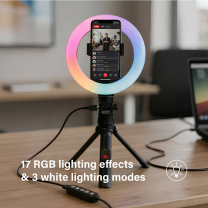 onn LED RGB Ring Light with Tripod Stand, Adjustable Height, Phone Hol