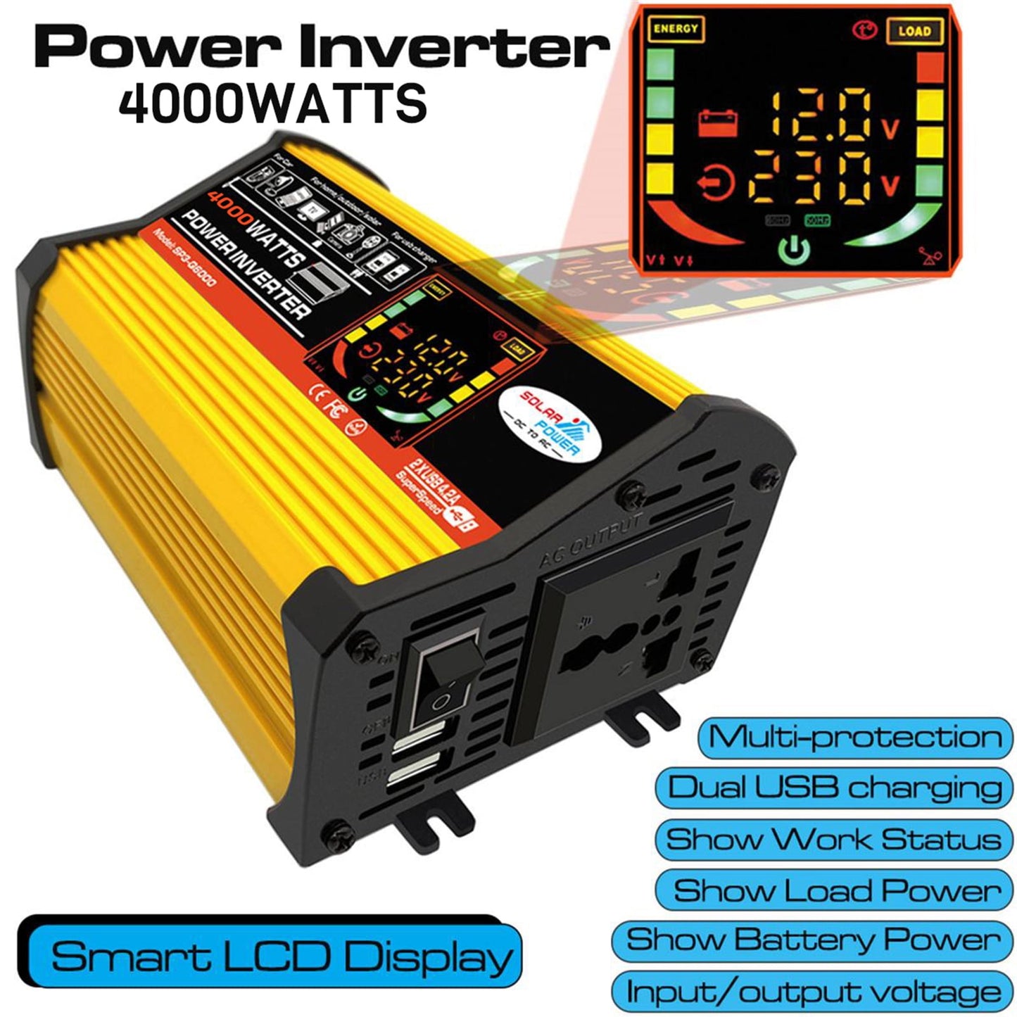 WheelX Portable Car Power Inverter 4000W,DC12V to AC110/220V Transform