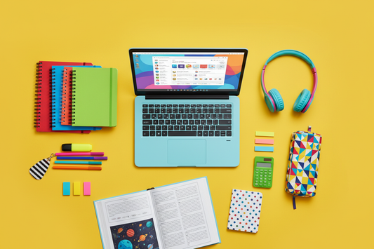 Budget Student Laptop 14 inch flat lay with school supplies